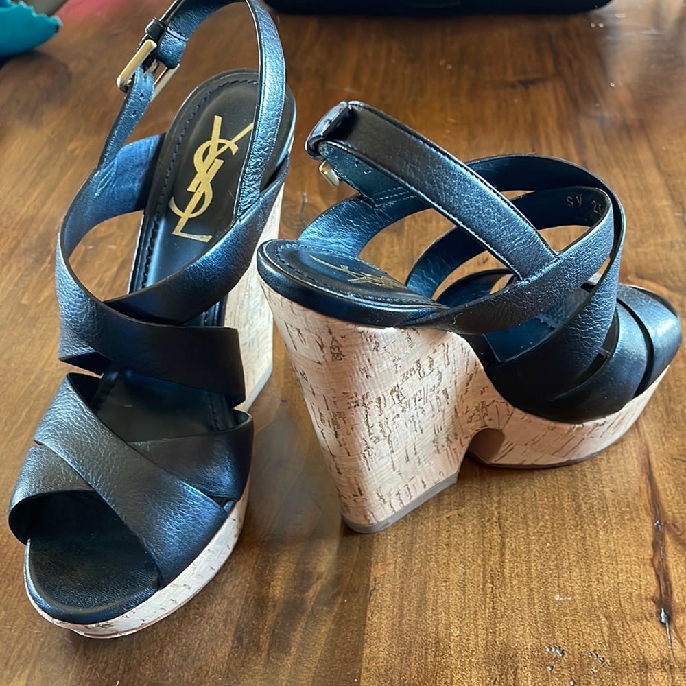 YSL Black Leather Cork Wedge Platform Sandal 6